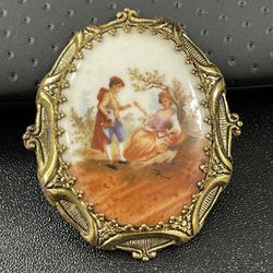 Vintage Courtship Scene Porcelain Brooch