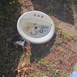 Oval bathroom sink with faucets and drain