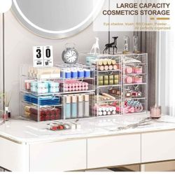 Makeup Organizer with 16 Drawers, 4 Pieces Desktop Office Supplies, Desk Organizers, Clear Desk Accessories, Leakproof Drawer Storage 