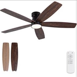 52 inch Black Flush Mount Ceiling Fan with Light and Remote, Dimmable Black Bedroom Ceiling Fan with Lights, Walnut Low Profile Ceiling Fan