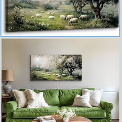 1-1 Wall Art Canvas Print Vintage European Spring Flower Garden Sheeps Lambs Animals Neutral Painting Wall Art Print Rustic Farmhouse Antique Nature 