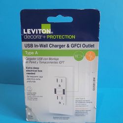 LEVITON TYPE A USB IN WALL CHARGER & GFCI DECORA OUTLET WHITE GUSB1-BW SELF TEST - NEW SEADLED
