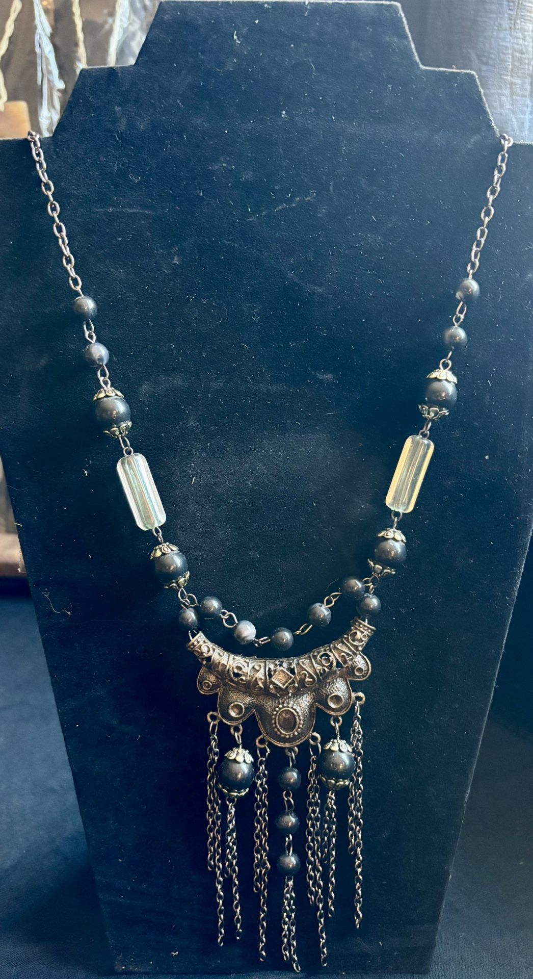 Bohemian Style Necklace – Ornate Metal Pendant, Glass Beads & Chain Fringe