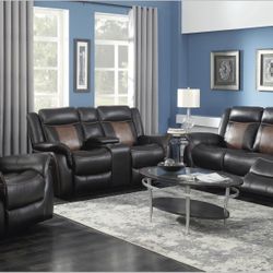 Two Tone Leather Dark Walnut & Chestnut Brown Reclining Sofa Set With Cup Holders 