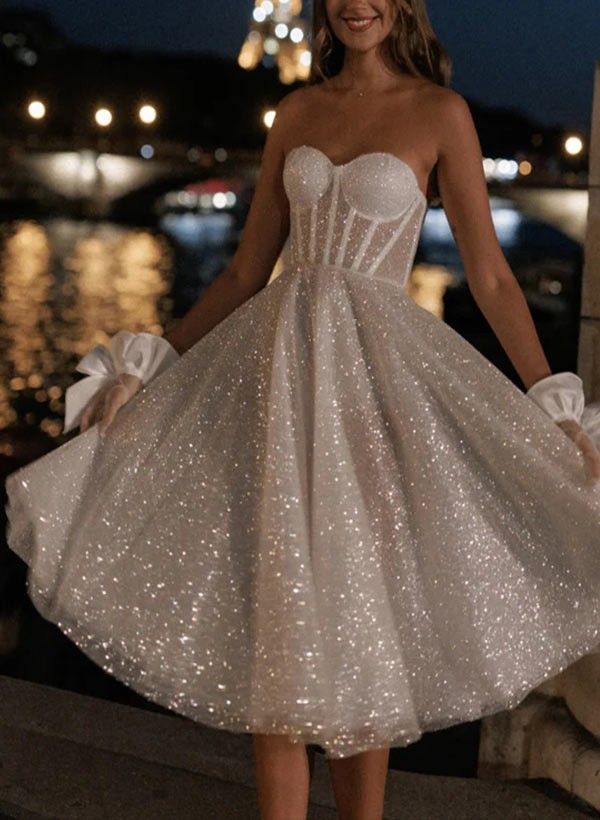 A-Line Strapless Sleeveless Tea-Length Sequined Wedding Dresses size 6
Vestido dress boutique
