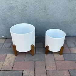 New 8 And 10 Inch Ceramic Planter Pot Set With Bamboo Wood Stand White Round - Maceta Ceramica Base Madera 