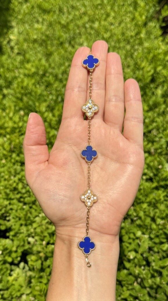 VCA Yellow Gold Vintage Diamond Lapis Alhambra Bracelet