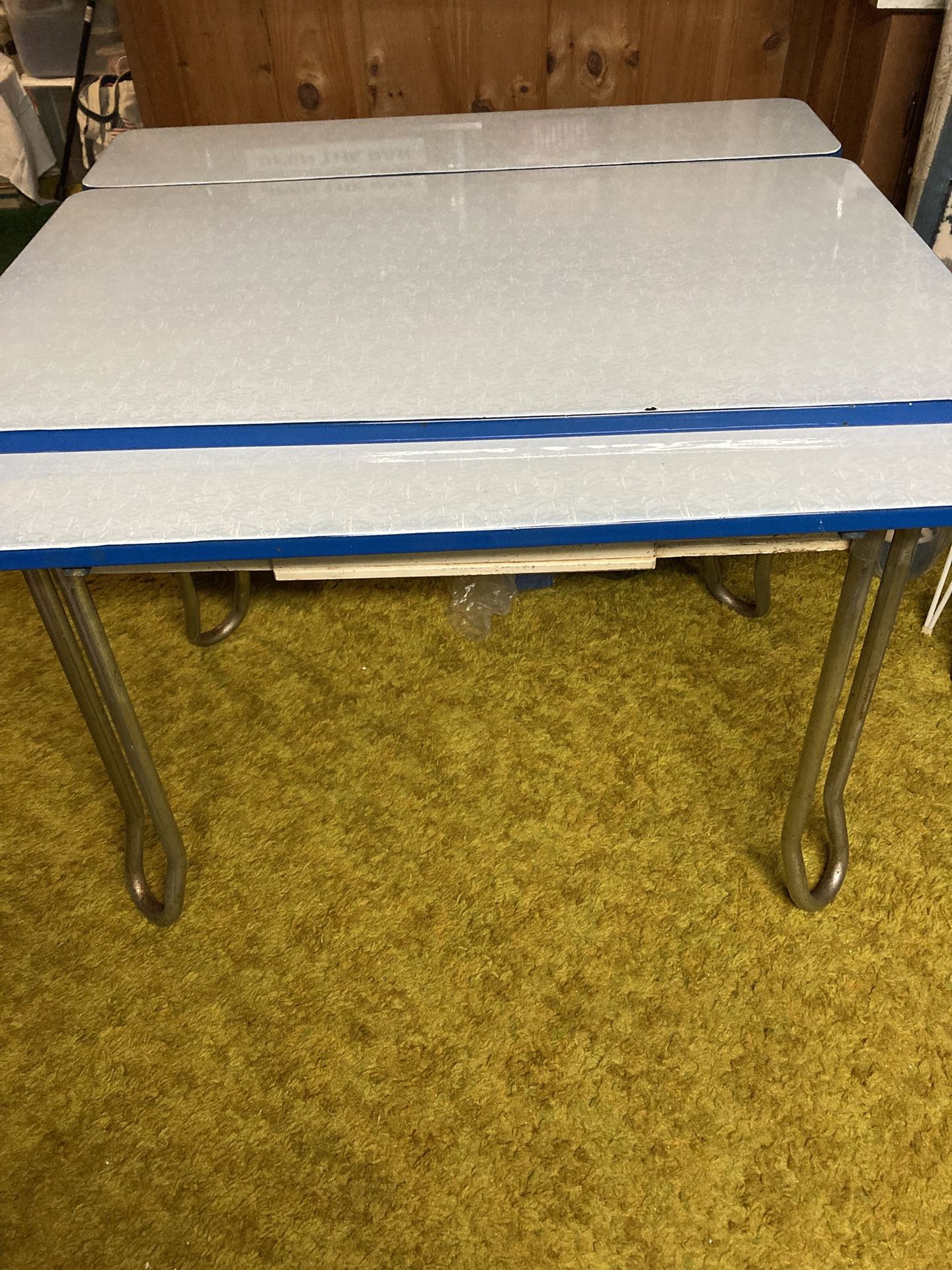 Vintage Enamel Top Kitchen Table With Slide Out Leafs, Drawer And Hairpin Legs