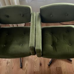 2 Vintage 1970s Mid-Century Modern Green Corduroy Swivel Armchairs