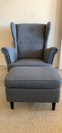 IKEA STRANDMON Wing Chair & Ottoman – Dark Grey – Good Condition