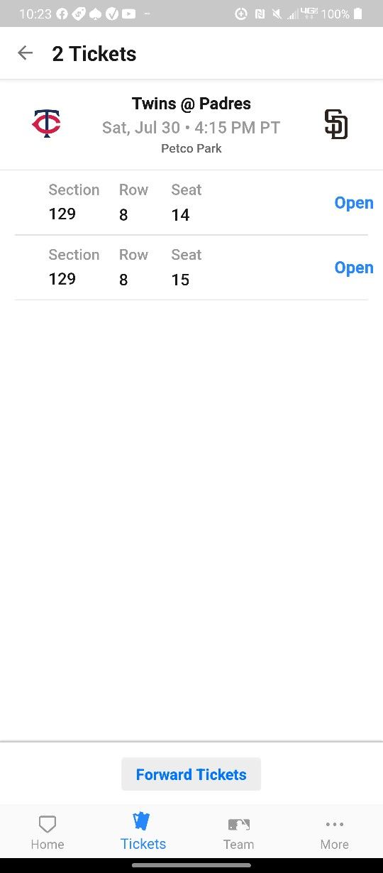 7/30 2 Tickets Padres v Twins. Section 129, Row 8