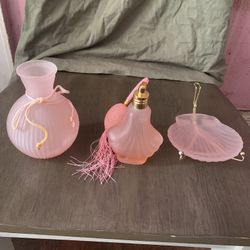 Pink Frosted Vanity Set – Perfume Bottle, Vase & Trinket Dish