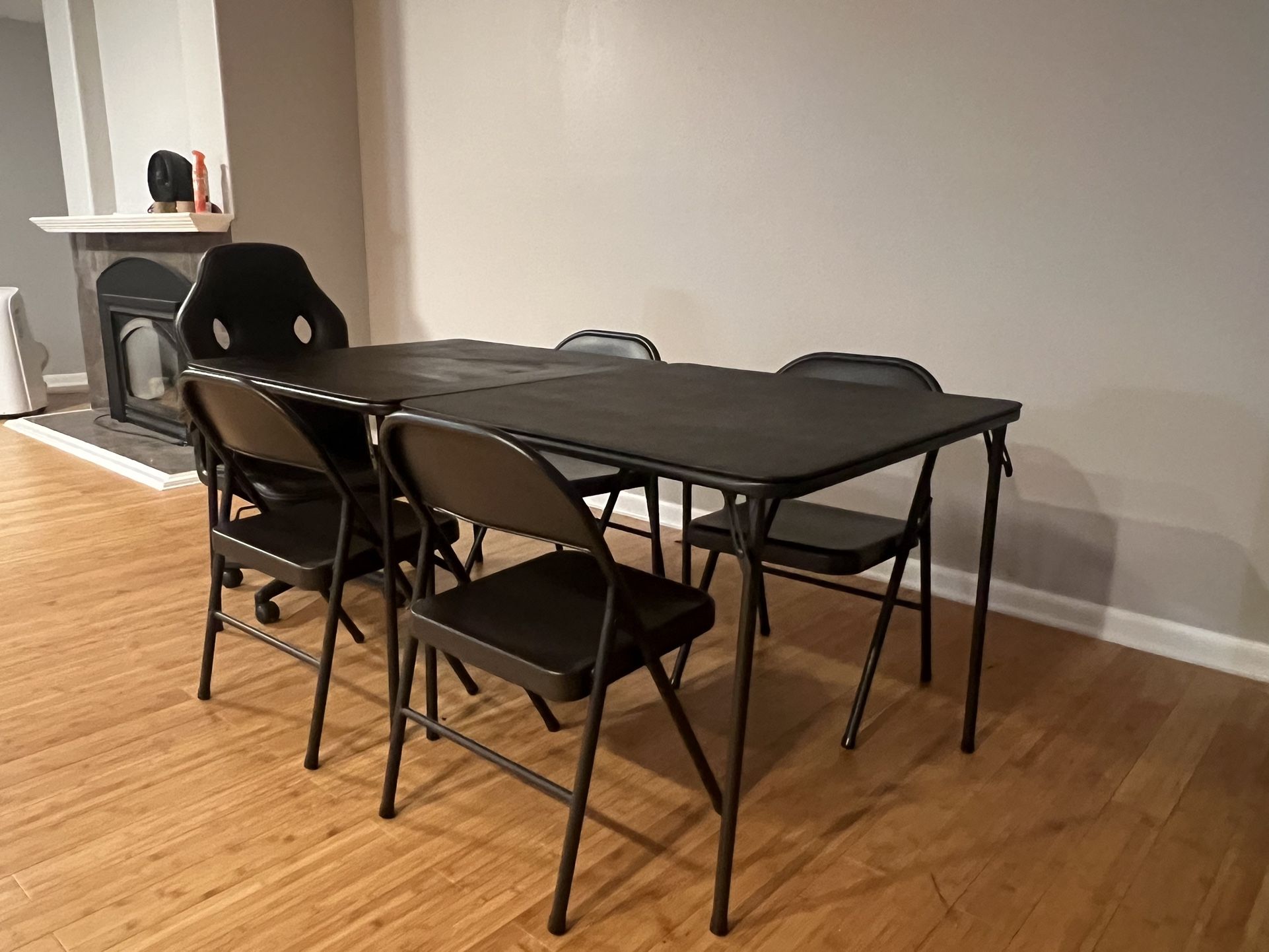 2 Square Tables With 4 metal chairs and 1 office chairs