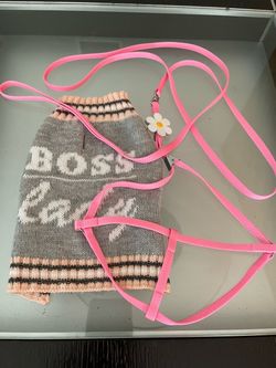 Dog Knit Sweater and Pink Harness Leash Set