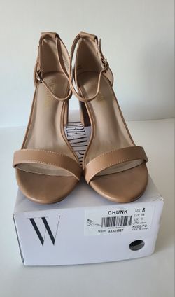 DREAM PAIRS Women's Chunk Low Block Heel Pumps w/Ankle Strap Open Toe Pump Sandals Beige/Nude  Size 8