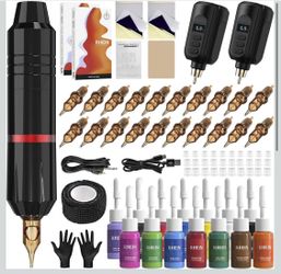 Tattoo Pen Kit, Complete Rotary Tattoo Machine with 2 Power Supplies, 20 Cartridge Needles, 14 Tattoo Inks, Practice Skin Stencil Transfer Paper