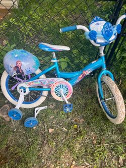 Blue Frozen-themed kids bicycle with training wheels and matching helmet $45 cash only. Cross posted