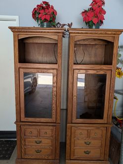 🪵 SOLID OAK! Glass-Door Display Cabinets / Bookcases w/ Built-In Lights — Only $100 for BOTH!