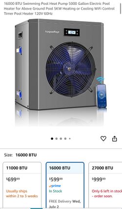 16000 BTU Swimming Pool Heat Pump 5000 Gallon Electric Pool Heater for Above Ground Pool 5KW Heating or Cooling WiFi Control 