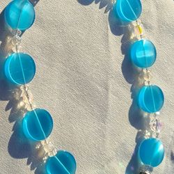 Blue Matte Glass & Faceted Beads With Irredescent Glass Choker
