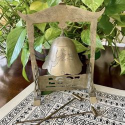 Vintage Oriental Brass Etched Dragon Bell Gong On Pagoda Stand 