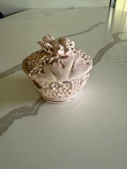 Vintage Japan Ceramic Bird Trinket Box Covered Dish Raised Floral Berries Decor