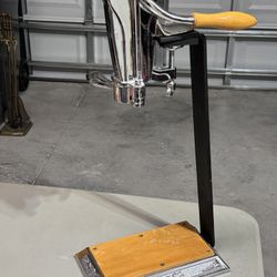 Vintage Chrome Lever Wine Bottle Opener on Wood Base Stand Rogar Style Grapes