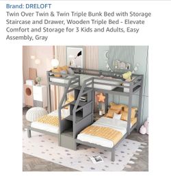 Triple twin bunkbed with storage stairs + three mattresses excellent condition