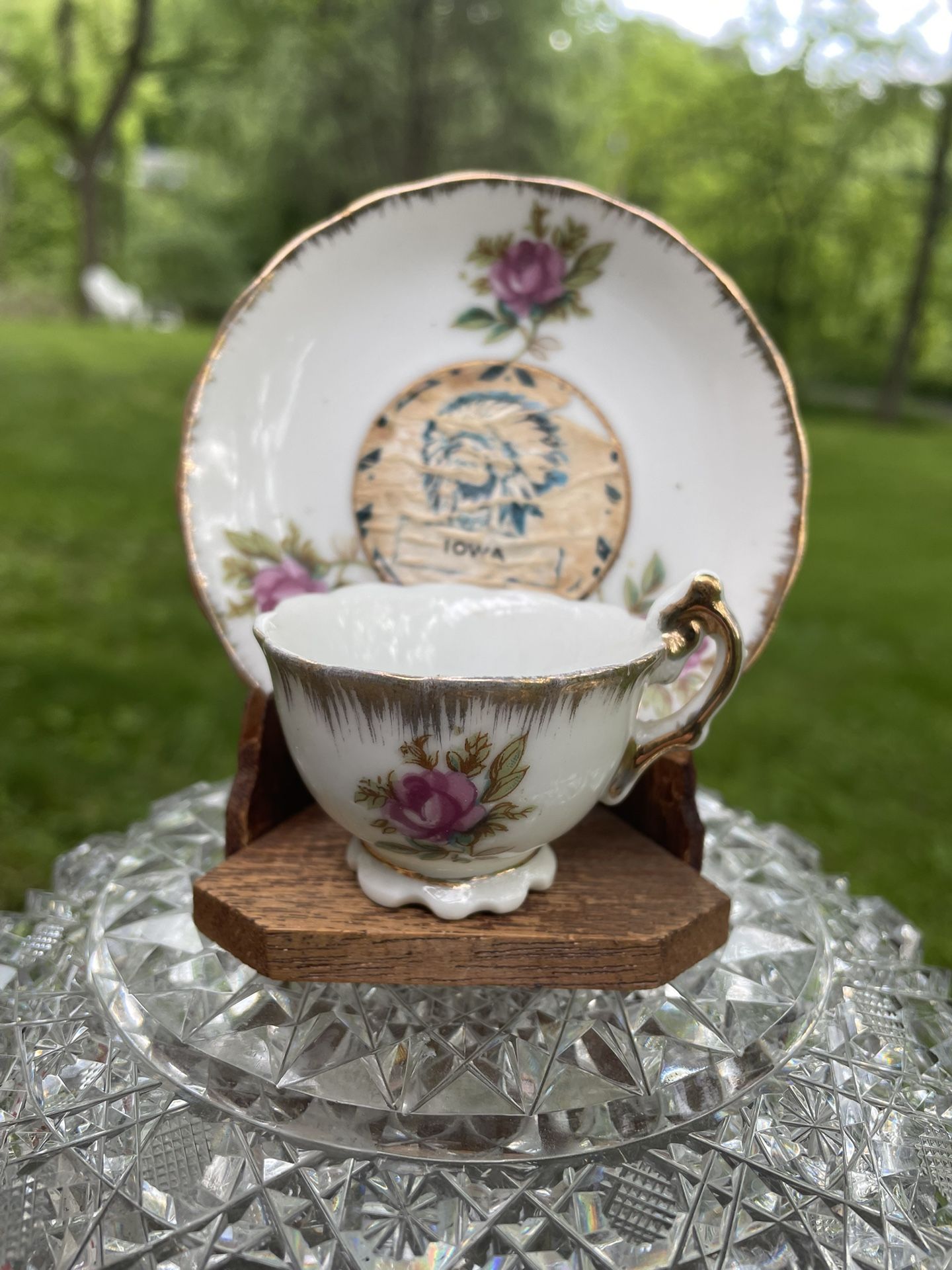 Souvenir IOWA Demitasse Cup And Saucer American Indian. W/ vintage wood display