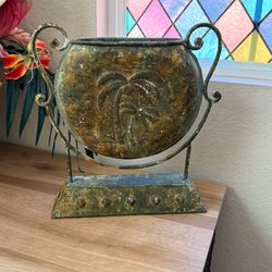 Large Vintage Style Metal Palm Tree Vase with Scroll Handles • Coastal Tropical Decor