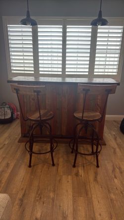 Rustic Solid Wood Home Bar + 2 Industrial Adjustable Bar Stools