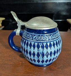 Vintage German Marzi & Remy pot-belly salt-glazed blue and white diamond pattern stoneware beer stein