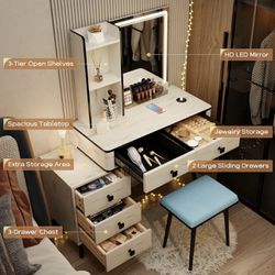 😀 LVSOMT Vanity Desk with 3-Color Lighted Mirror, Makeup Vanity Table Set with Lights and Charging Station, 5 Drawers, 3 Shelves, Dressing Table with