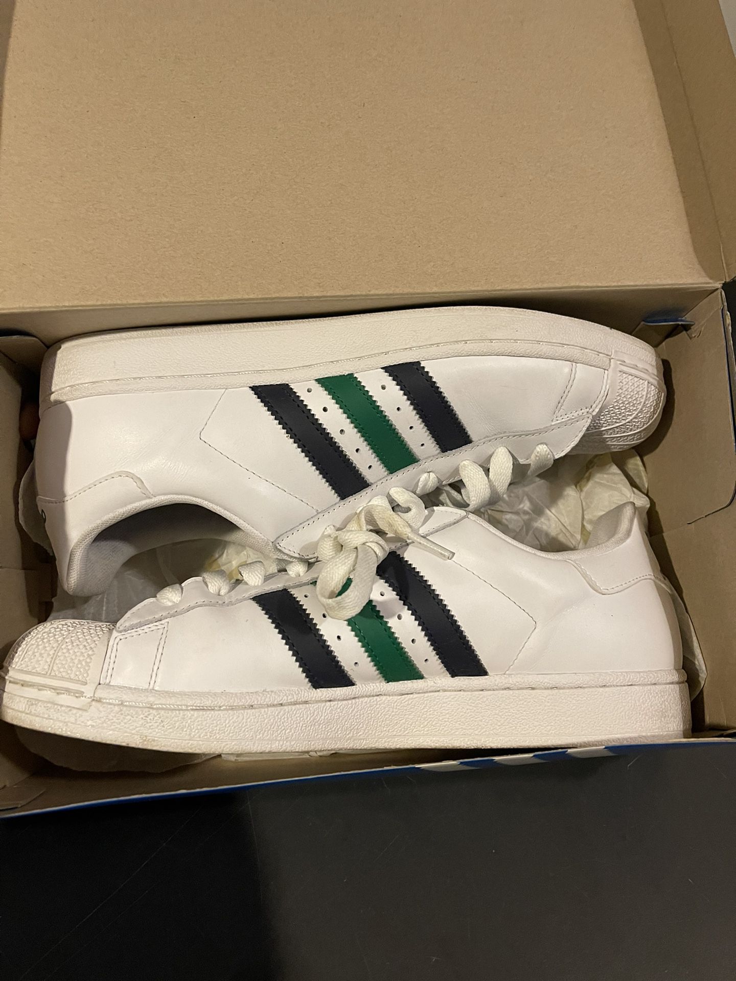 Adidas Superstar ll, White with Blue and Green Stripes