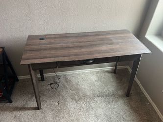 Modern Home Office Desk with Drawer & Power Outlet – Dark Wood