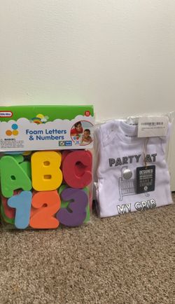 0-6 months onesie and foam letters and numbers