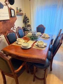 Traditional Extendable Wood Dining Table Set with 6 Chairs, 2 Stools & 2 Leaves