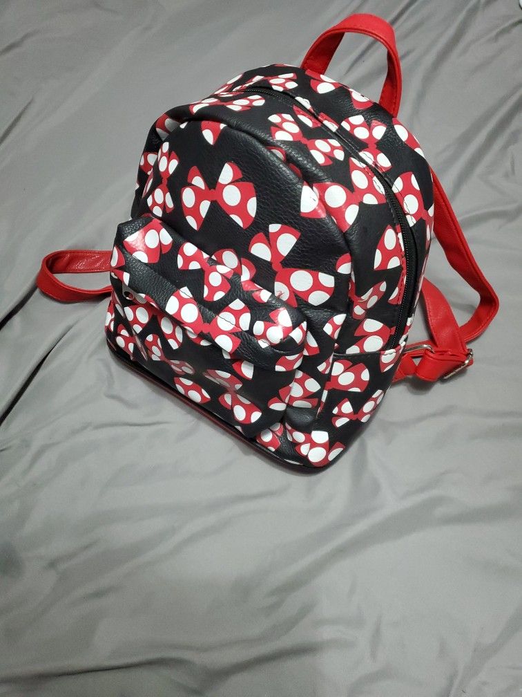Disney Parks Minnie Mouse Polka Dot Bows Mini Backpack Bag Black Red Faux Leather