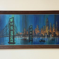 Vintage Mid-Century Modern Oil Painting – Bridge & Skyline Night Scene – 29” × 53” – 1960s/70s