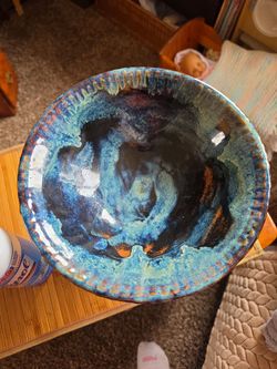 Handmade Ceramic Footed Bowl, Artisan Signed Studio Pottery Compote, Two-Tone Blue Reactive Glaze Pedestal Catchall Dish, Boho Table Decor
