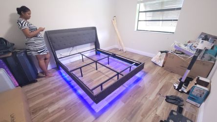Queen size Upholstered Floating Bed Frame with LED Lights and Mattress