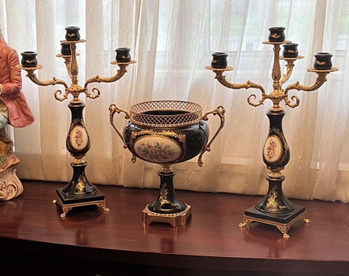 Victorian Masoni Porcelain & Brass Centerpiece Bowl With Two Candle Holder Made in Italy