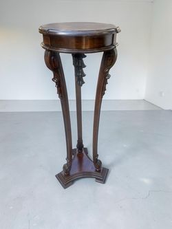 Vintage Carved Wood Plant Stand with Round Top and Ornate Tripod Base - 15x43 ½”