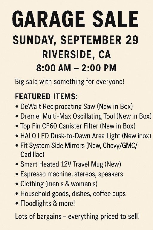 Garage Sale Deals! DeWalt, Dremel, Espresso, Speakers – Riverside 9/29