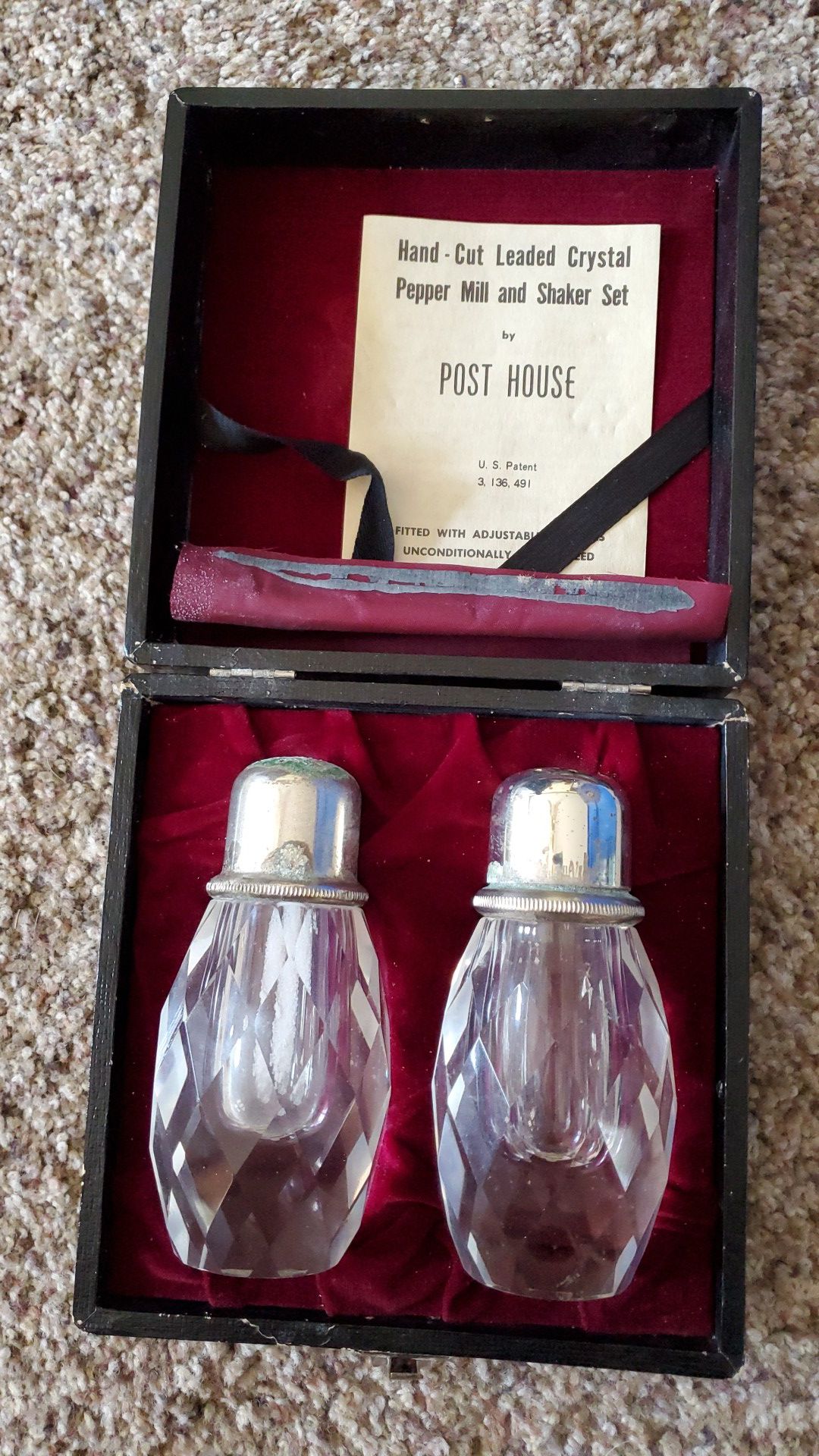 Vintage Post House leaded crystal salt and pepper mill set