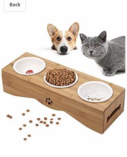 Legendog Cat Bowl, Pet Dog Bowl Bamboo Wooden Frame Ceramic Three Bowls Pet Food Bowl for Cats Small Dogs Puppy