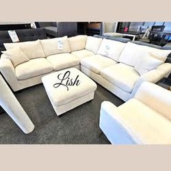 Luxurious Ivory Corduroy 4 Pc L Shape Sectional Sofa With Ottoman