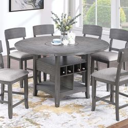 Brand New Antique Gray 7pc Counter Height Dining Table Set Built in Leaf & Built-In Lazy Susan