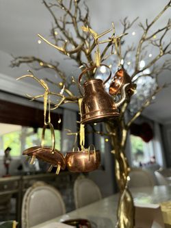 Copper Tea Pot, Firewood Holder, Cauldron w lid and Colander Hanging Ornament set