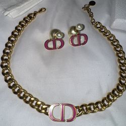 Dior Montaigne 30 Choker and Earrings Set Pink Enamel Gold Tone with Pearls